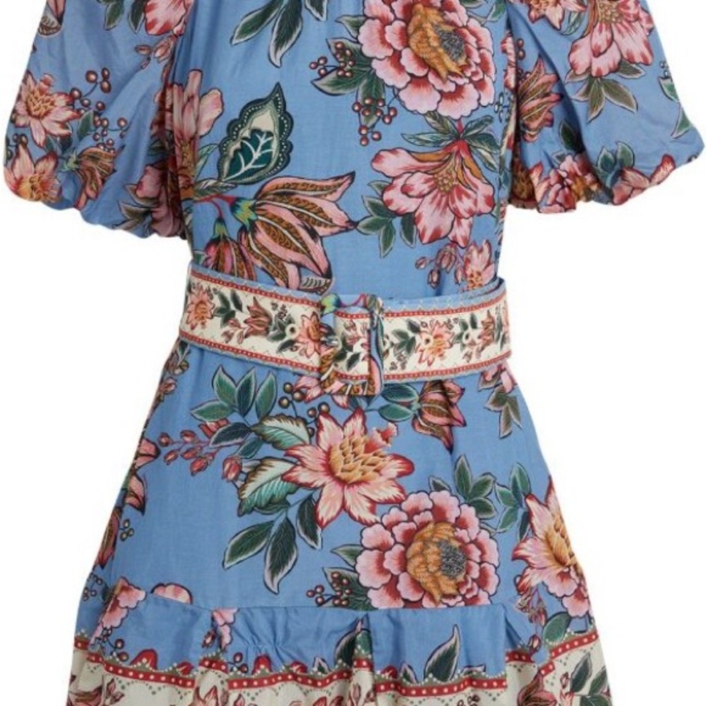 FARM Rio Pink and Blue Ruffled Off-the-Shoulder Mini Dress